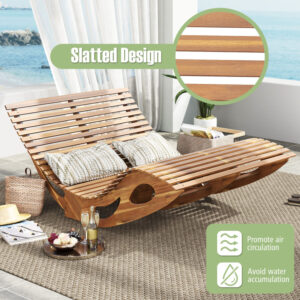 Alternative view of Silla mecedora de madera de acacia con asiento ergonómico curvo par alberca -Costway