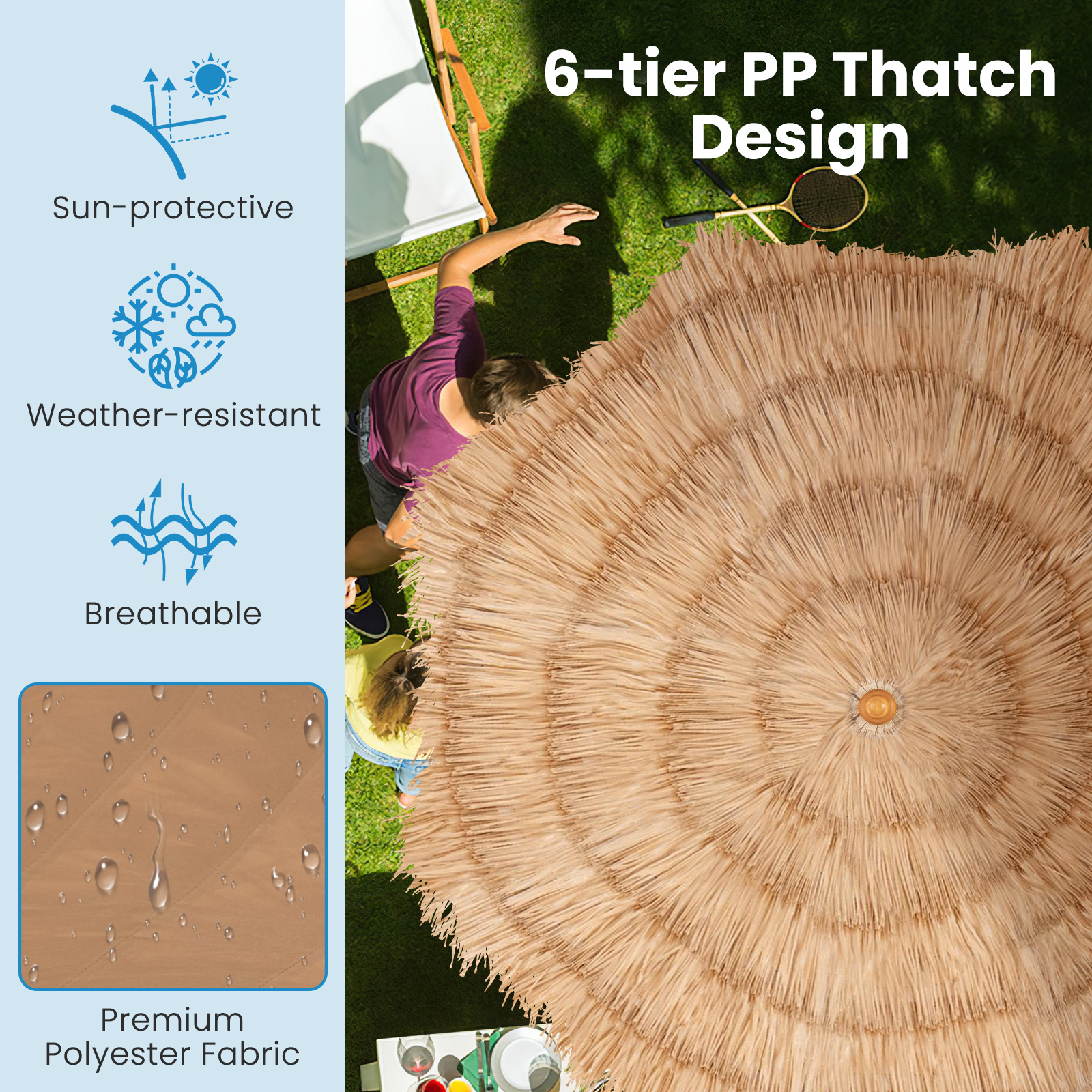 Sombrilla Tiki de 6.5 pies con techo de rafia, base plegable e inclinación -Costway - Imagen 6