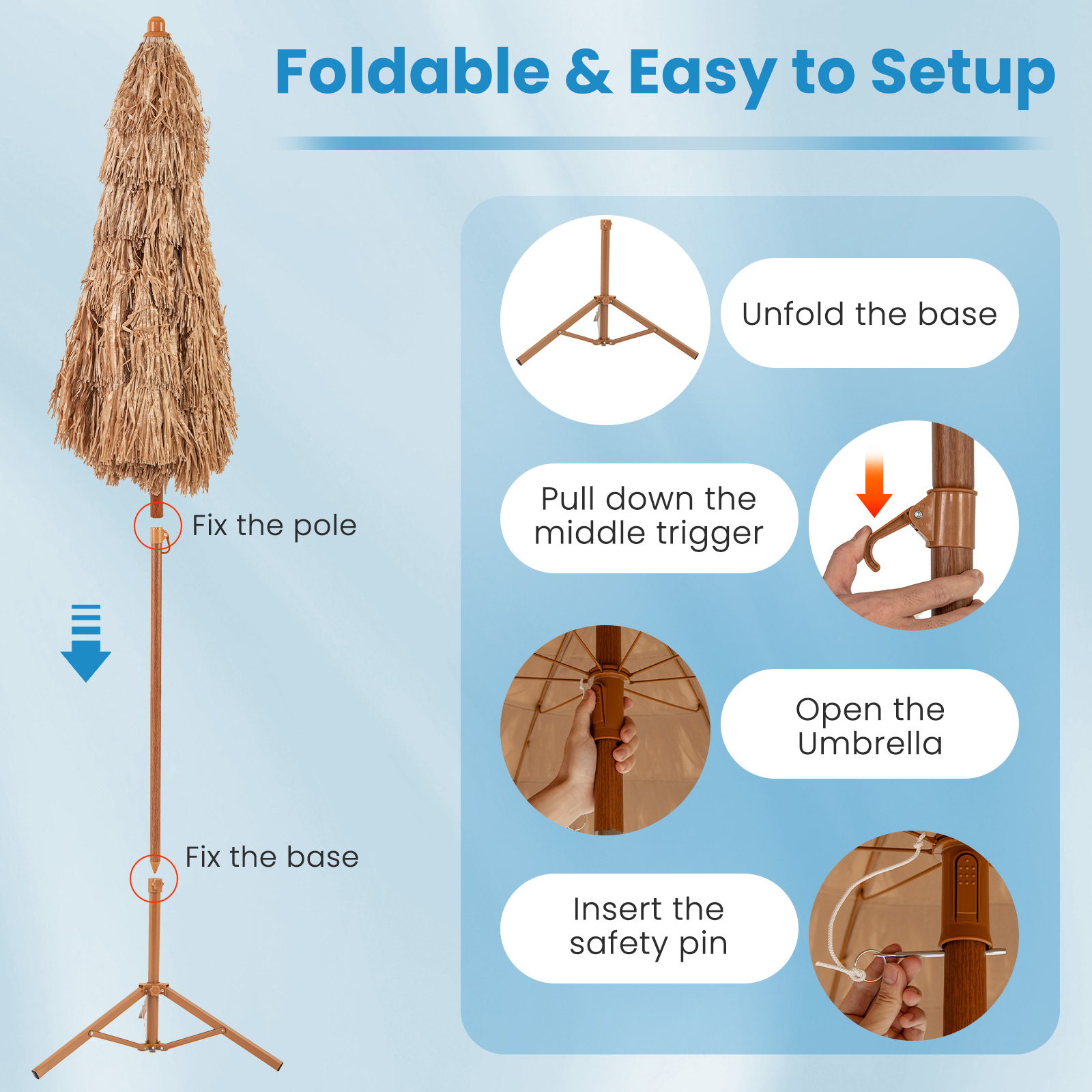 Sombrilla Tiki de 6.5 pies con techo de rafia, base plegable e inclinación -Costway - Imagen 5
