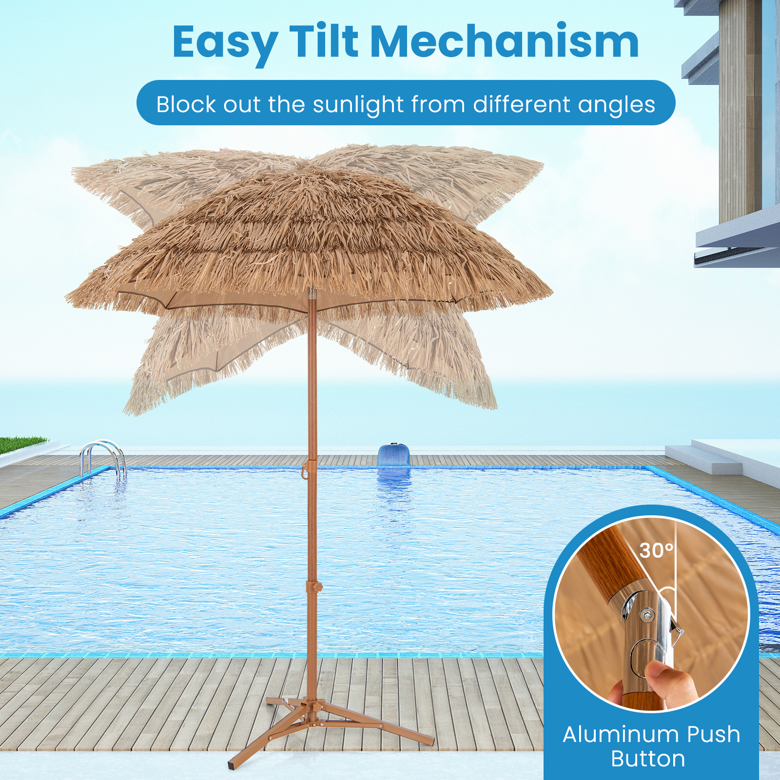 Sombrilla Tiki de 6.5 pies con techo de rafia, base plegable e inclinación -Costway - Imagen 3