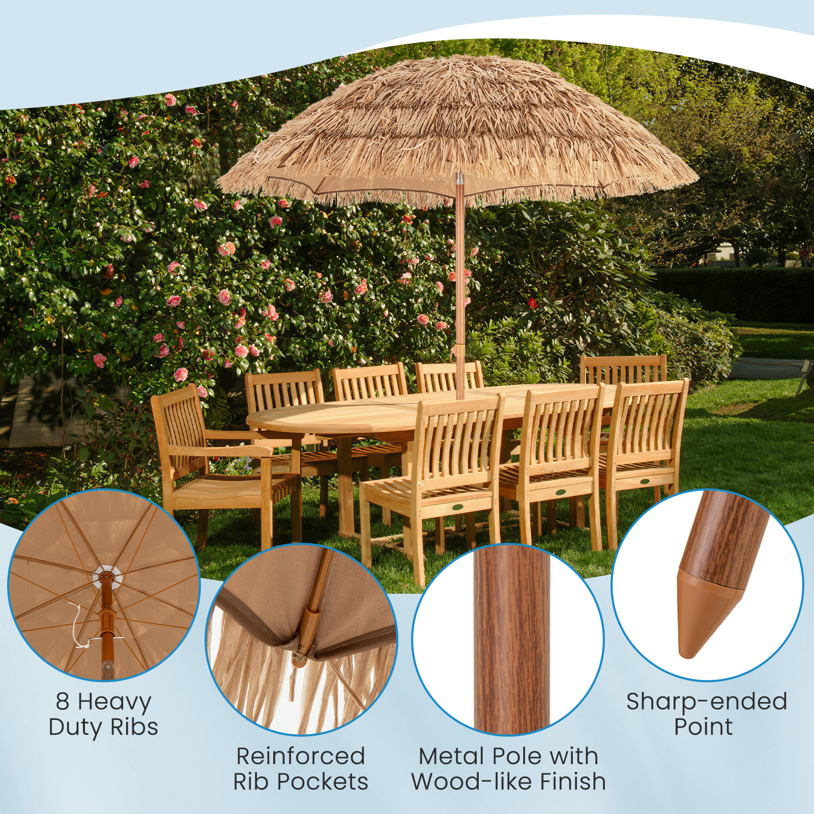 Sombrilla Tiki de 6.5 pies con techo de rafia, base plegable e inclinación -Costway - Imagen 2