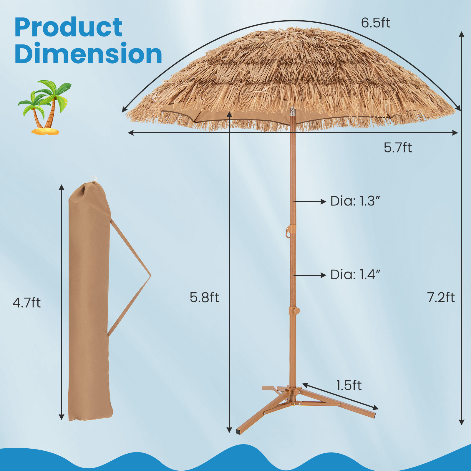 Sombrilla Tiki de 6.5 pies con techo de rafia, base plegable e inclinación -Costway - Imagen 7