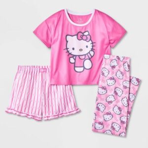 Conjunto de pijama de manga corta para niña talla 4-5 3 piezas color rosa - Marca Hello Kitty