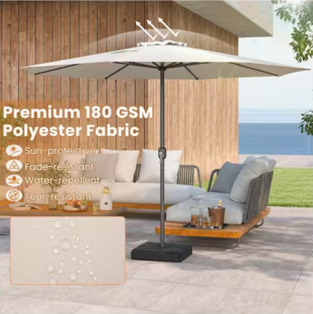 Sombrilla para exterior de 12 pies color beige con manivela, ventilación y mástil -Clihome - Imagen 4