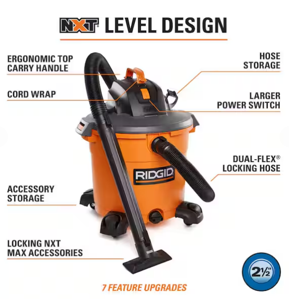 Aspiradora de 16 galones con 5.0 HP de potencia para uso en seco y húmedo, amarilla -RIDGID - Imagen 6