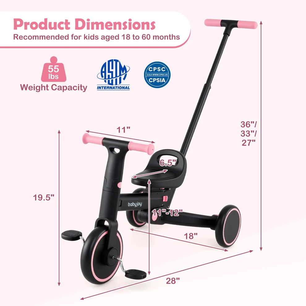 Triciclo plegable 4 en 1 para niños con manillar y asiento ajustable -BabyJoy - Imagen 4