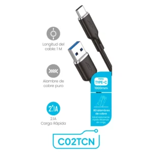 Alternative view of Cable de cargador de USB a USB-C de 1 metro, color negro -AEK