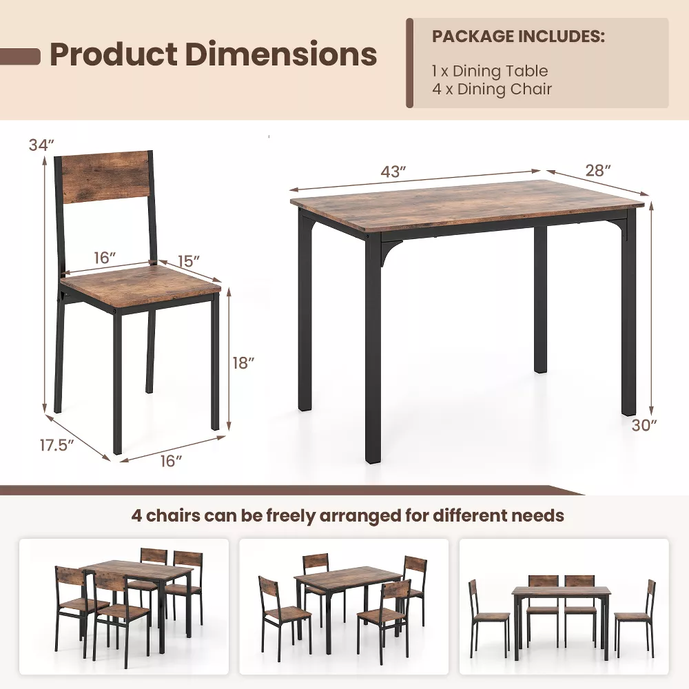 Juego de comedor de 5 piezas, estilo industrial -Costway - Imagen 8