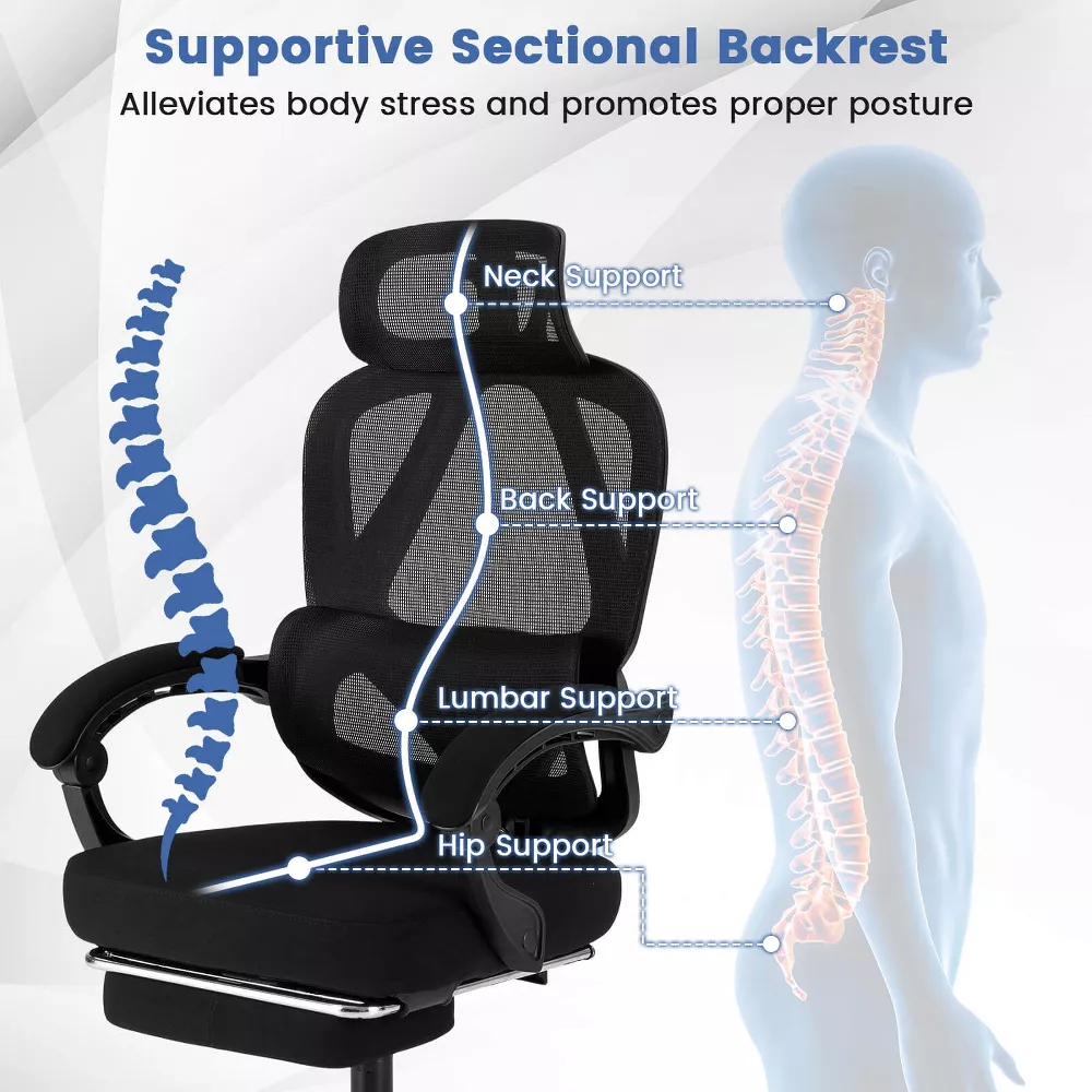 Silla de oficina ergonómica con reposapiés retráctil y respaldo reclinable - Costway - Imagen 5