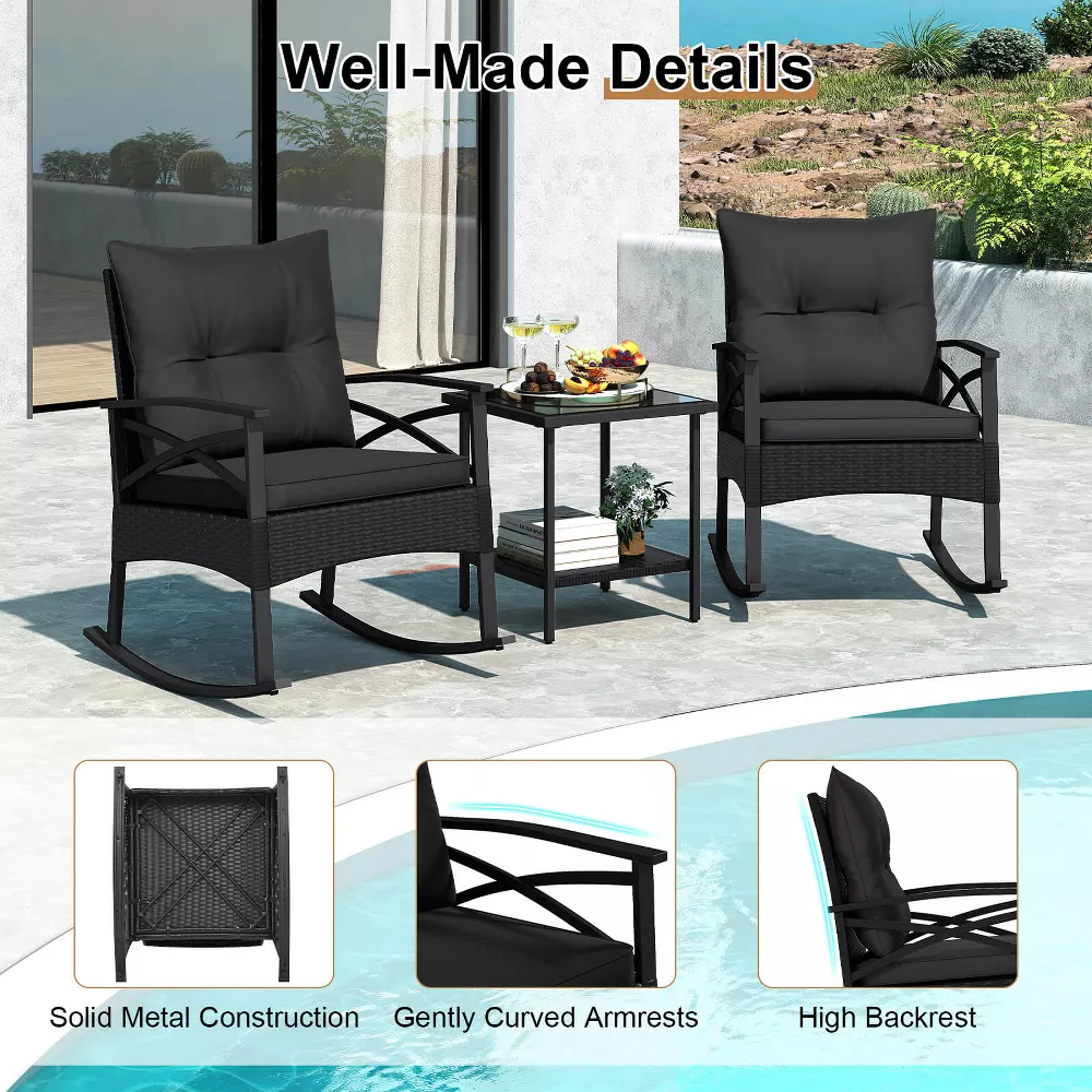 Conjunto de 3 piezas: Sillas mecedoras de ratán y mesa -Costway - Imagen 2