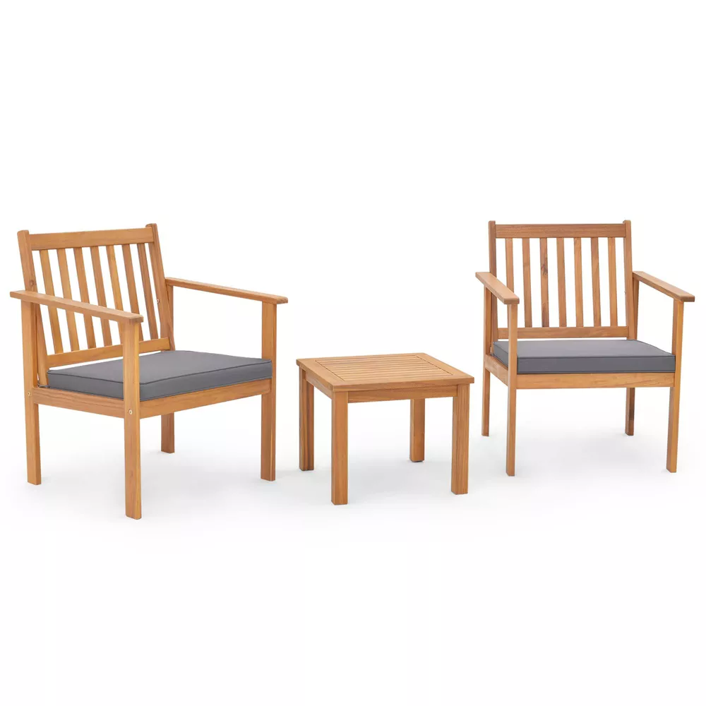 Juego de 3 piezas: sillas y mesa de centro de madera de acacia con cojines, color gris -Costway - Imagen 5