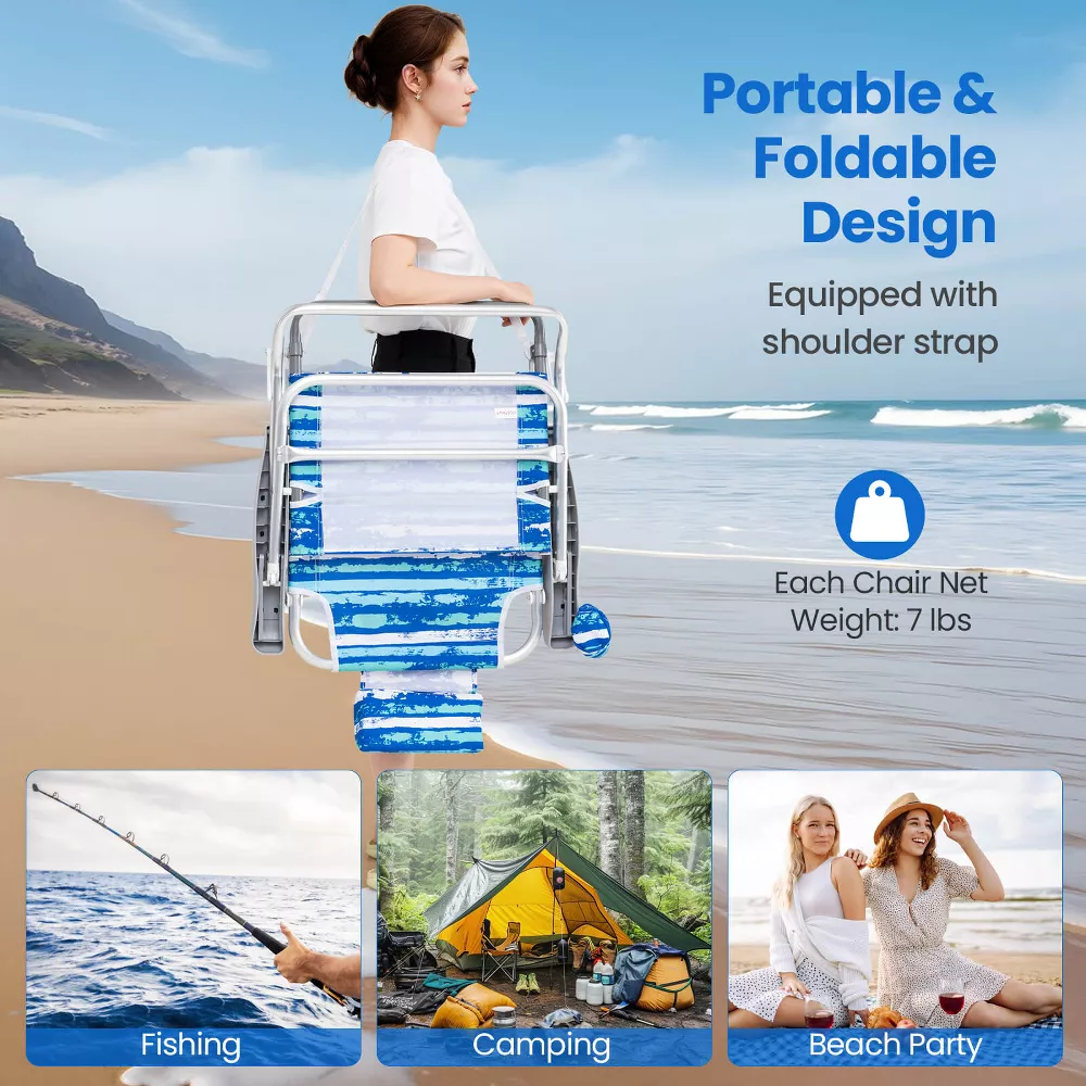 Par de sillas de playa plegables reclinables, con almohada para la cabeza, color azul -Costway - Imagen 5