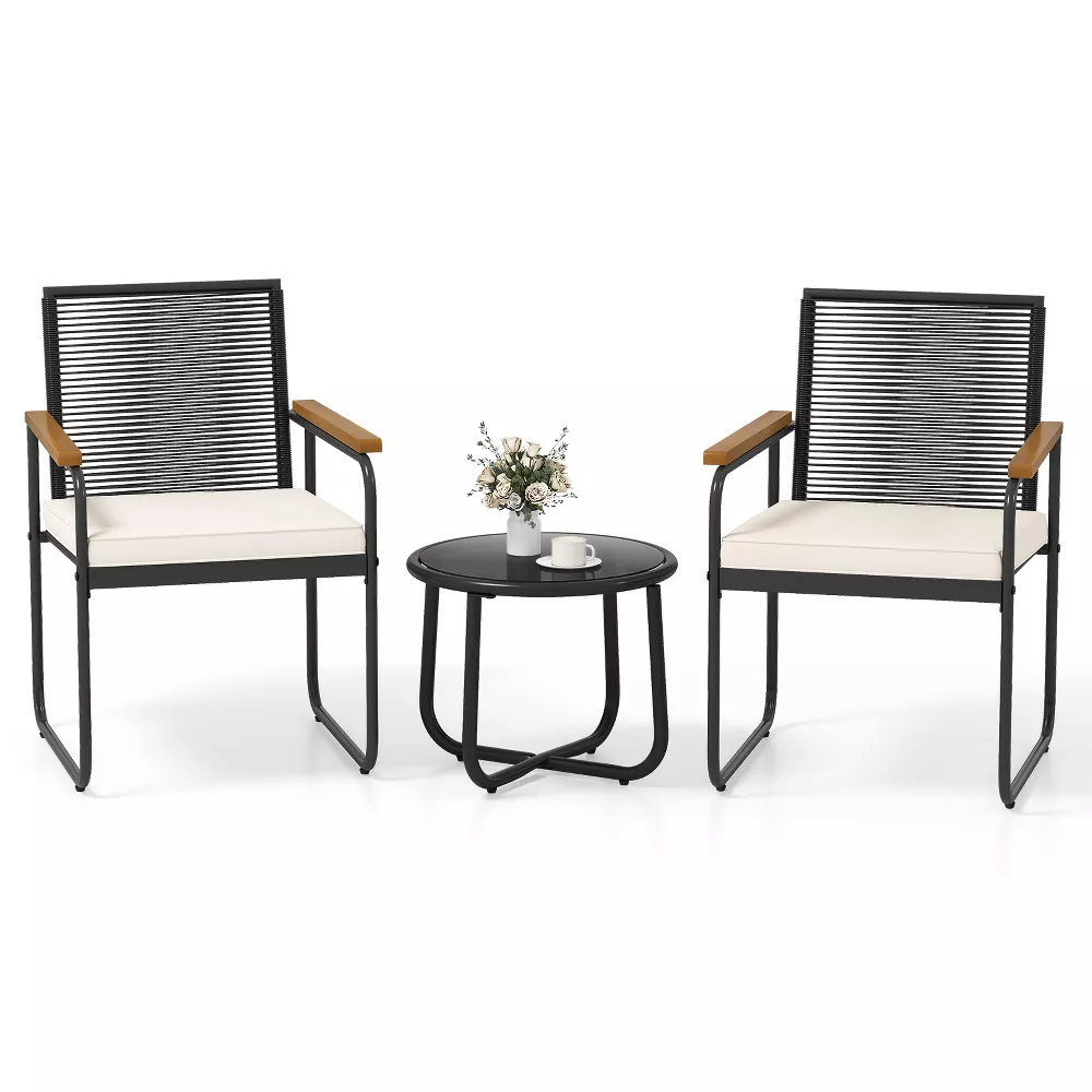 Juego de muebles para exterior de 3 piezas: Mesa redonda, dos sillas con reposabrazos y cojines -Costway - Imagen 8