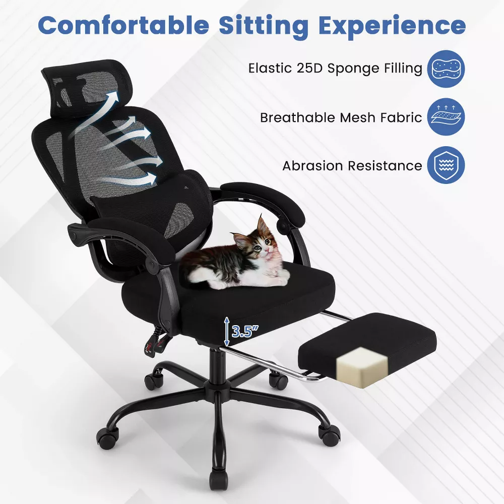 Silla de oficina ergonómica con reposapiés retráctil y respaldo reclinable - Costway - Imagen 7