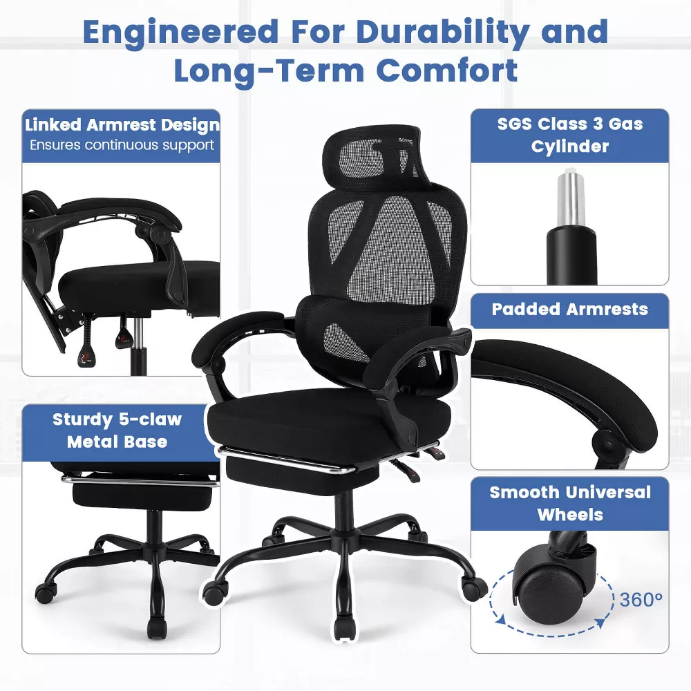 Silla de oficina ergonómica con reposapiés retráctil y respaldo reclinable - Costway - Imagen 8