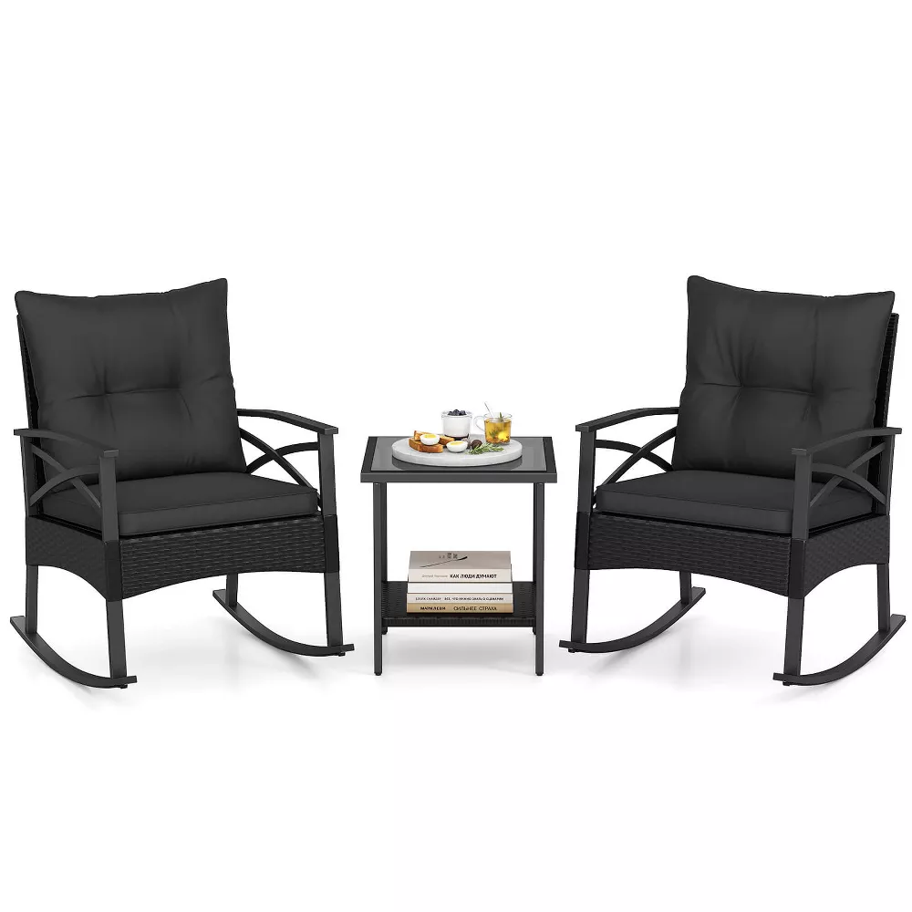 Conjunto de 3 piezas: Sillas mecedoras de ratán y mesa -Costway - Imagen 8