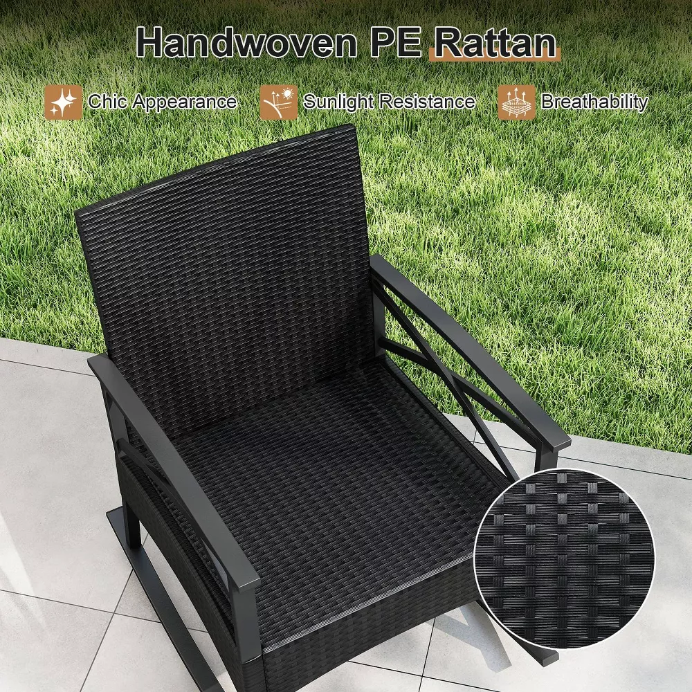 Conjunto de 3 piezas: Sillas mecedoras de ratán y mesa -Costway - Imagen 6