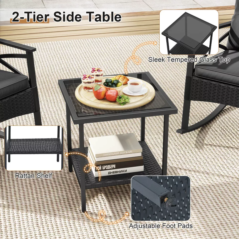 Conjunto de 3 piezas: Sillas mecedoras de ratán y mesa -Costway - Imagen 3