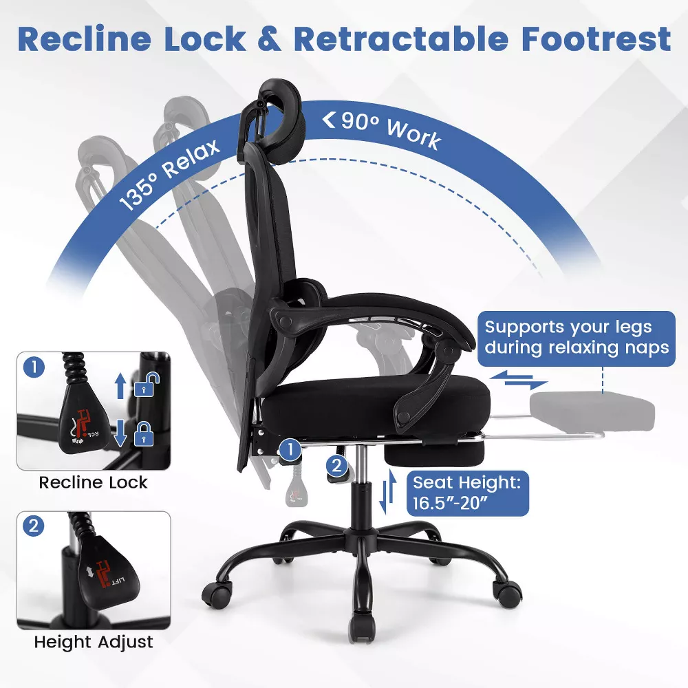 Silla de oficina ergonómica con reposapiés retráctil y respaldo reclinable - Costway - Imagen 4