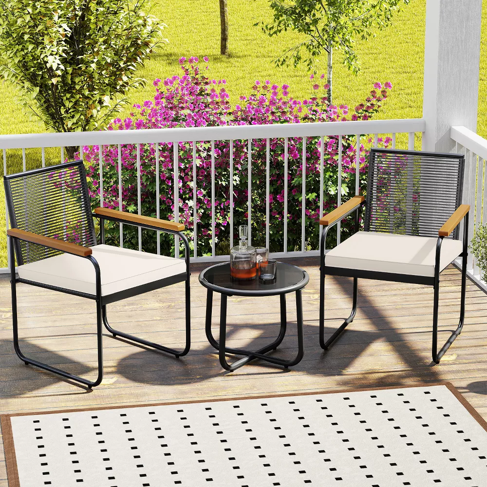 Juego de muebles para exterior de 3 piezas: Mesa redonda, dos sillas con reposabrazos y cojines -Costway