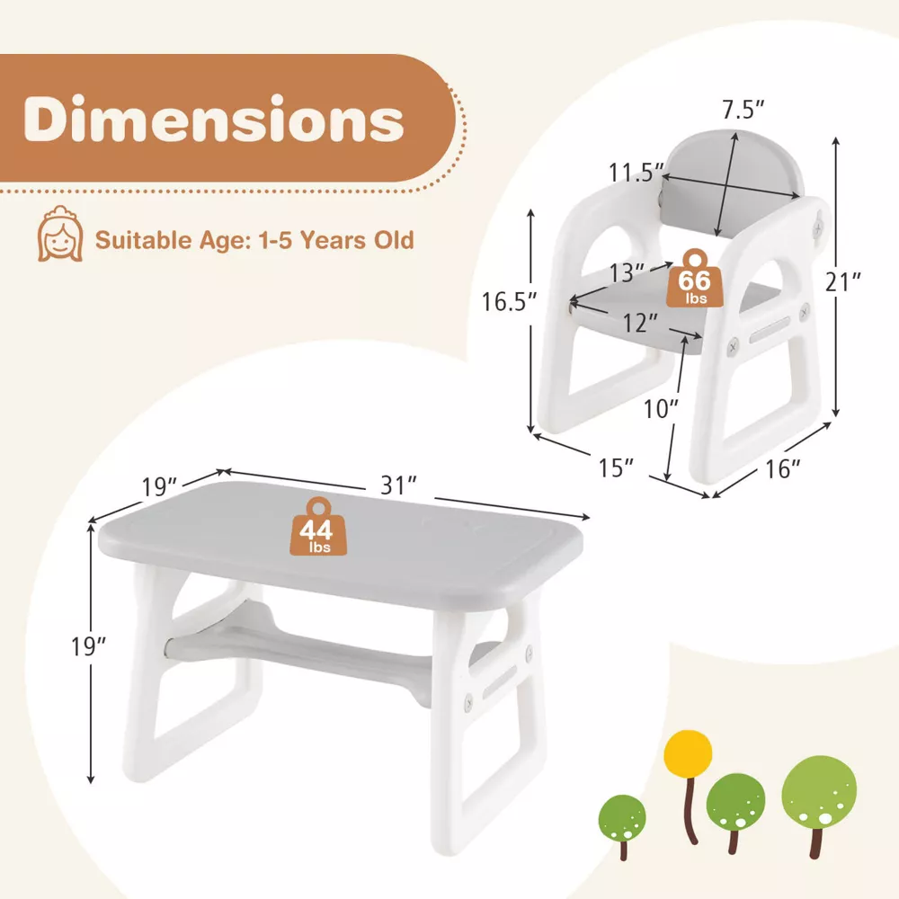 Juego de mesa y sillas infantiles de 3 piezas con bloques de construcción, color gris -Costway - Imagen 6