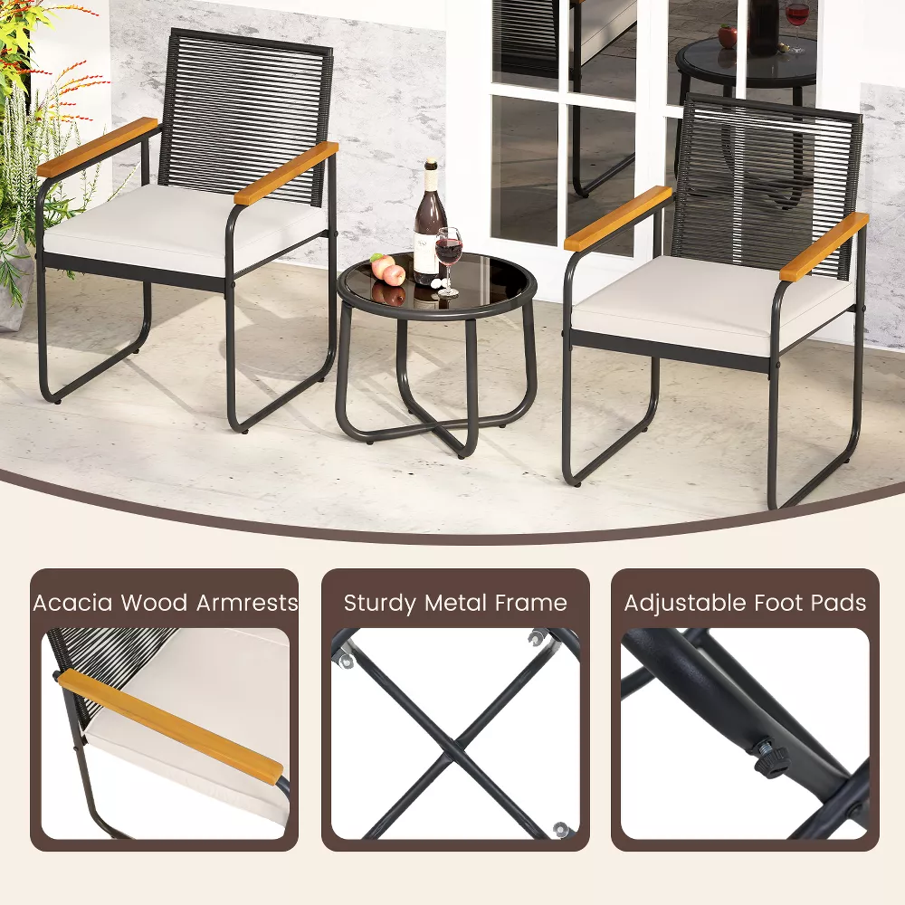 Juego de muebles para exterior de 3 piezas: Mesa redonda, dos sillas con reposabrazos y cojines -Costway - Imagen 5
