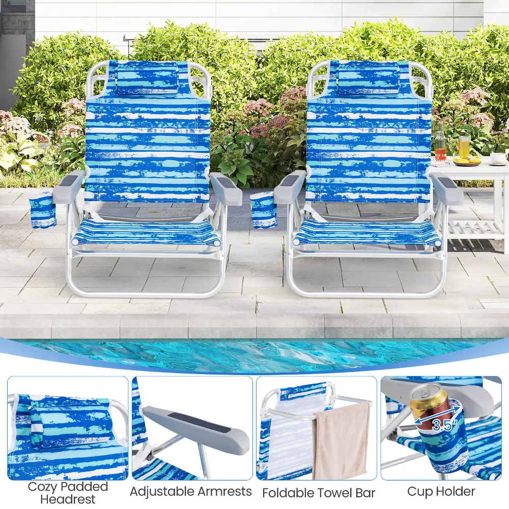 Par de sillas de playa plegables reclinables, con almohada para la cabeza, color azul -Costway - Imagen 3