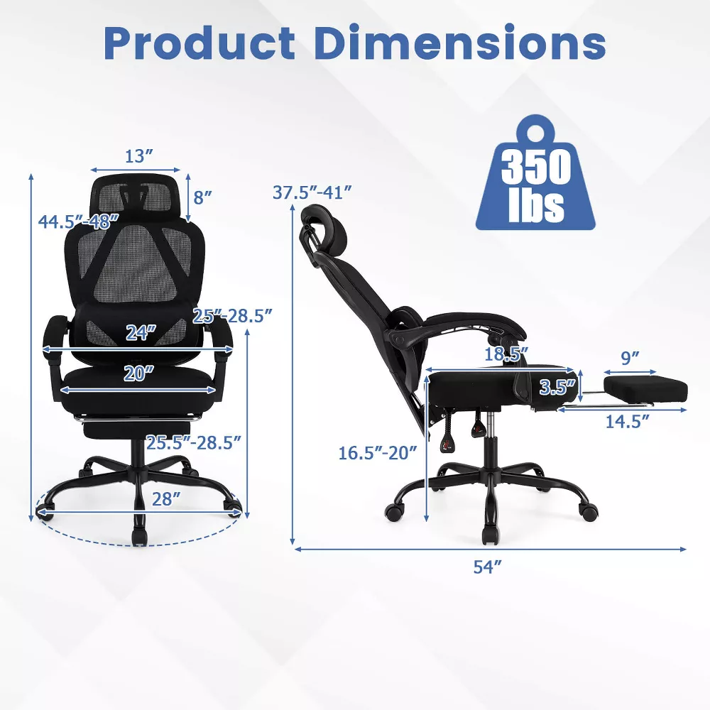 Silla de oficina ergonómica con reposapiés retráctil y respaldo reclinable - Costway - Imagen 3