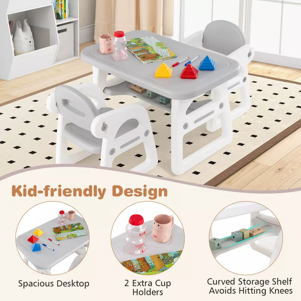Juego de mesa y sillas infantiles de 3 piezas con bloques de construcción, color gris -Costway - Imagen 4