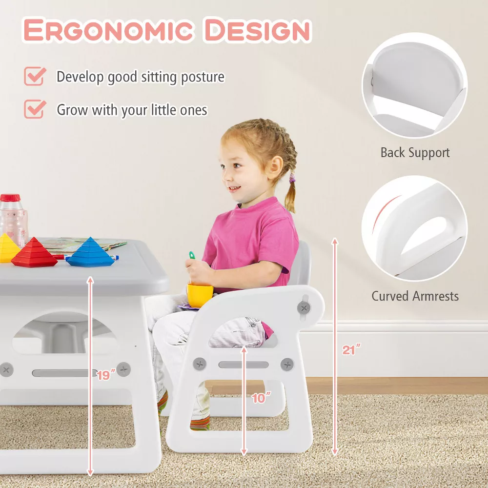 Juego de mesa y sillas infantiles de 3 piezas con bloques de construcción, color gris -Costway - Imagen 2