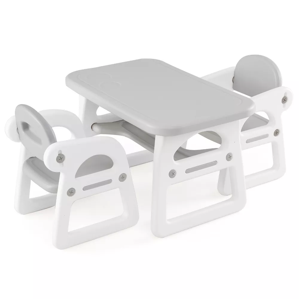 Juego de mesa y sillas infantiles de 3 piezas con bloques de construcción, color gris -Costway