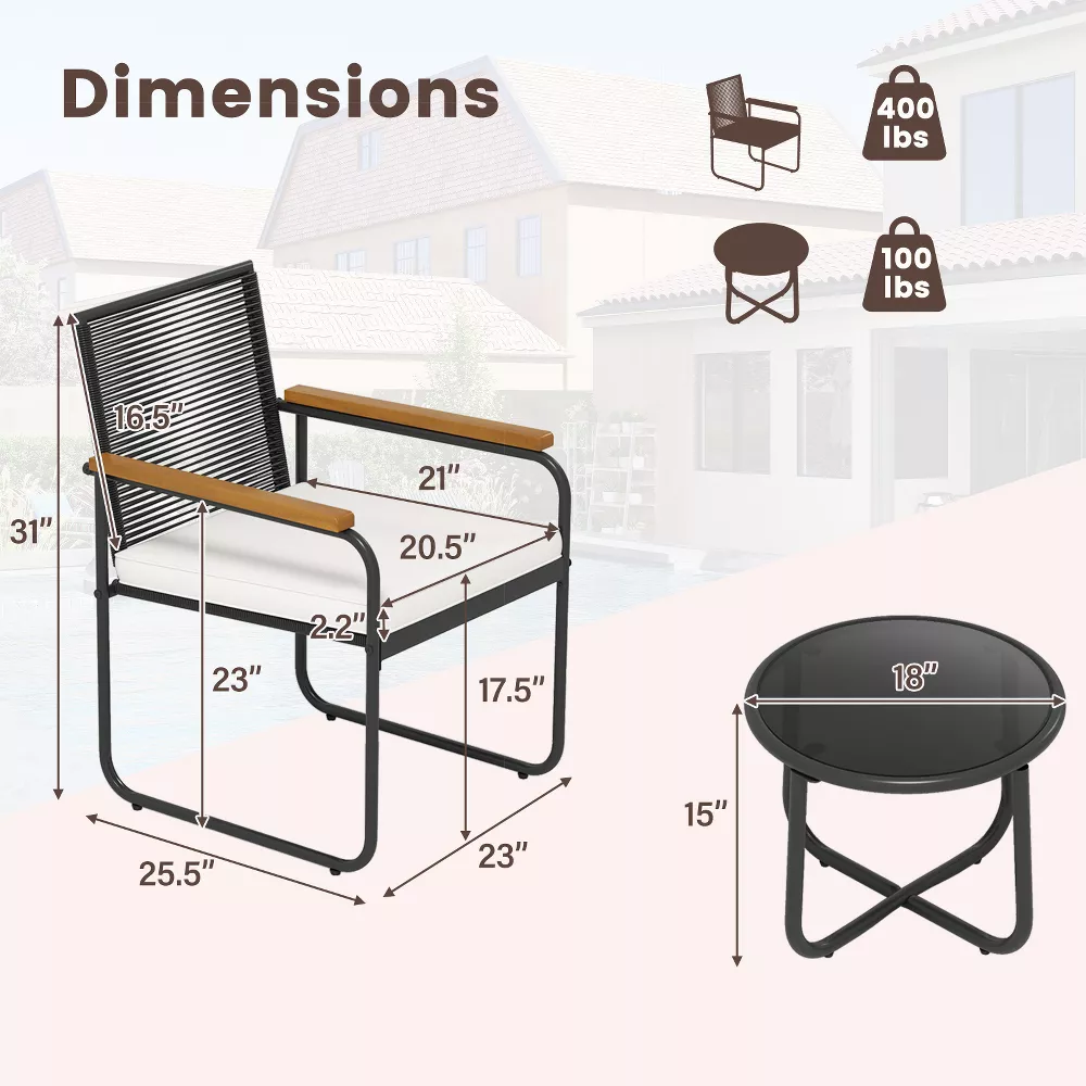 Juego de muebles para exterior de 3 piezas: Mesa redonda, dos sillas con reposabrazos y cojines -Costway - Imagen 7