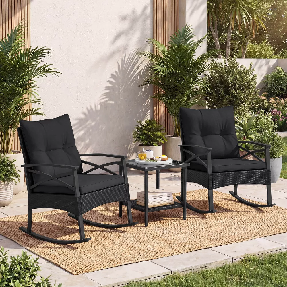 Conjunto de 3 piezas: Sillas mecedoras de ratán y mesa -Costway