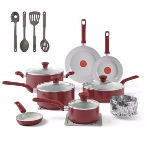 Juego de 18 piezas de ollas y sartenes antiadherentes, color rojo -Marca T-fal