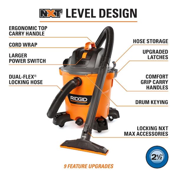 Aspiradora industrial de 12 galones, 5.0 HP de potencia máxima para uso en seco y húmedo -RIDGID - Imagen 3