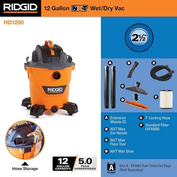 Aspiradora industrial de 12 galones, 5.0 HP de potencia máxima para uso en seco y húmedo -RIDGID - Imagen 2