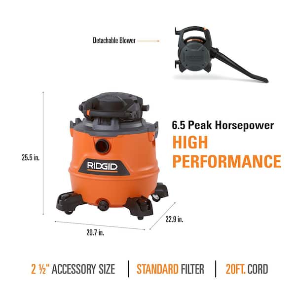 Aspiradora industrial de 16 galones, 6.5 HP de potencia máxima para uso en seco y húmedo -RIDGID - Imagen 4