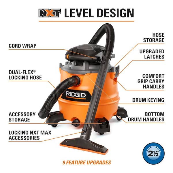Aspiradora industrial de 16 galones, 6.5 HP de potencia máxima para uso en seco y húmedo -RIDGID - Imagen 3