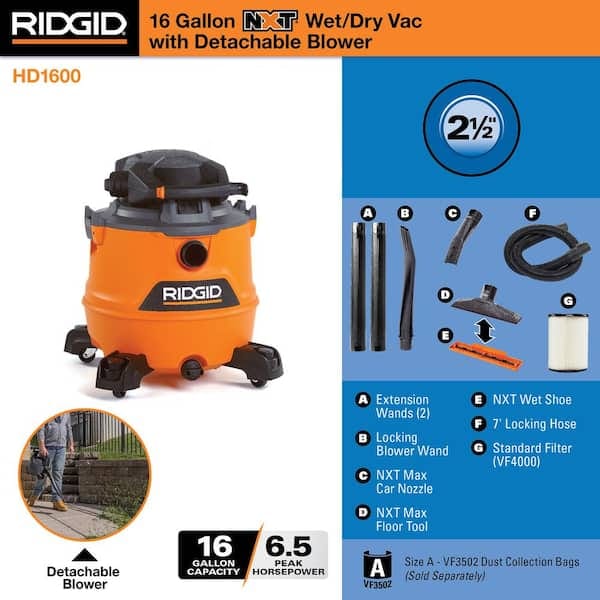 Aspiradora industrial de 16 galones, 6.5 HP de potencia máxima para uso en seco y húmedo -RIDGID - Imagen 2