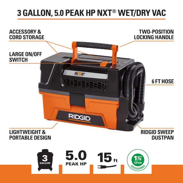 Aspiradora industrial de 3 galones, 5.0 HP de potencia máxima para uso en seco y húmedo -RIDGID - Imagen 3