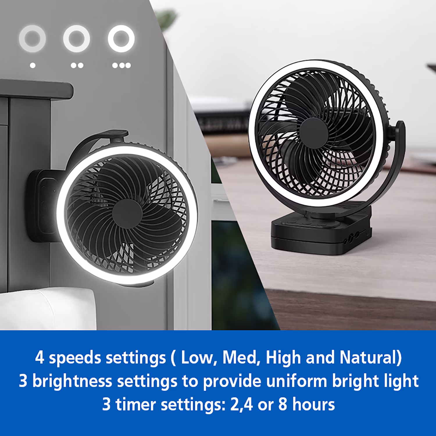 Ventilador de mesa de 7" y 4 velocidades recargable con luz LED -Mainstays - Imagen 5