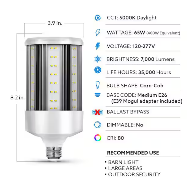 Bombilla LED de alta luminosidad, con base E26 (mediana) y adaptador E39 (mogul) -Feit Electric - Imagen 2