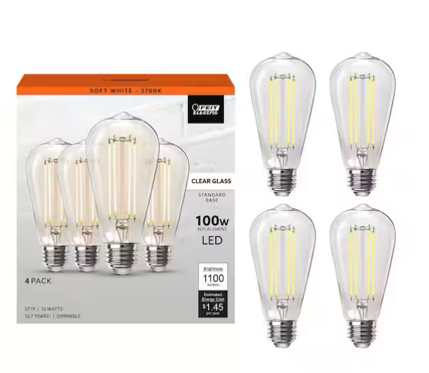 Paquete de 4 bombillas LED regulable de filamento recto, luz blanca cálida -Feit Electric