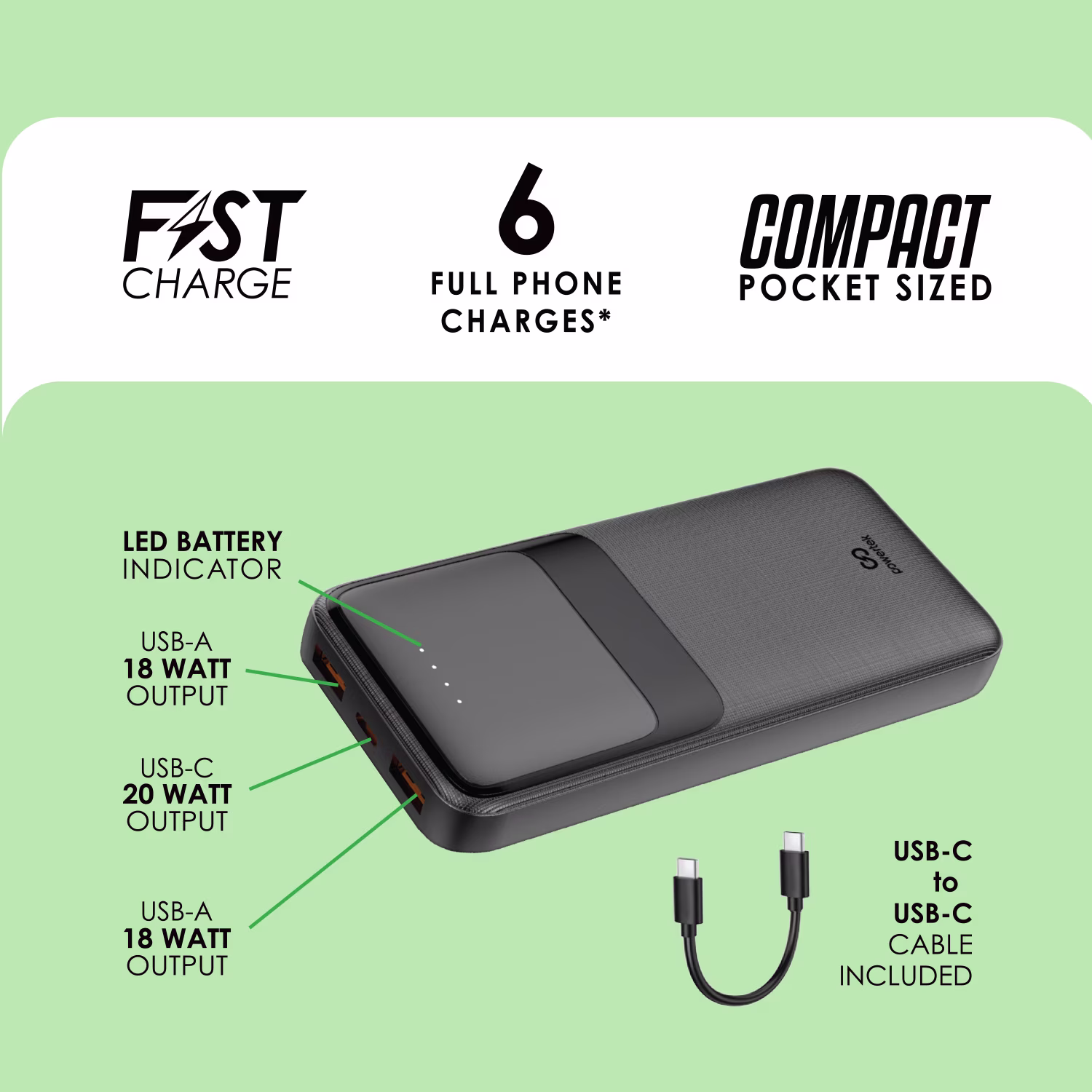 Banco de carga portátil de 20,000mAh con cable USB-C y carga de 20W -Liquipel - Imagen 3