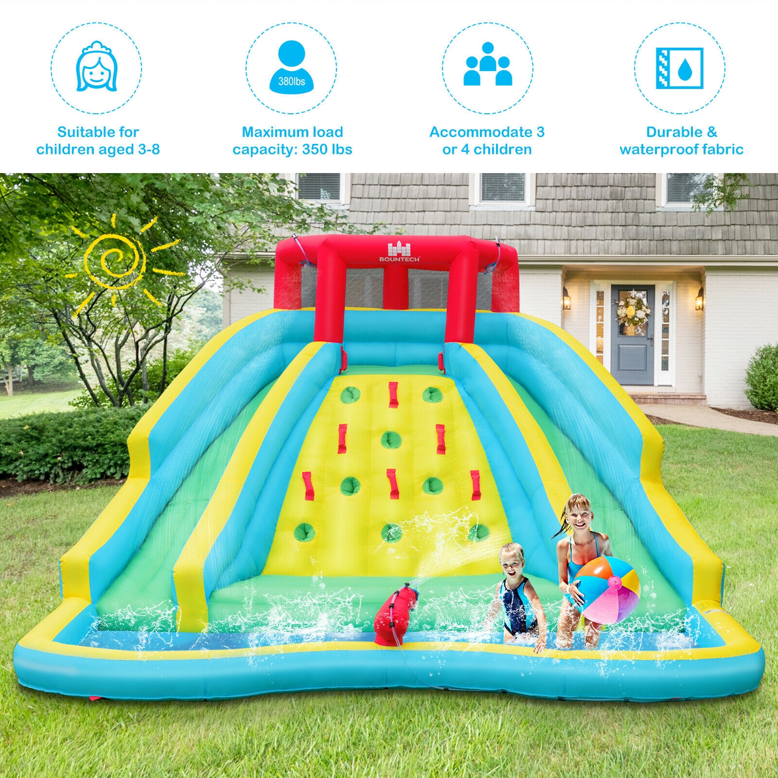 Brincolín acuático inflable de doble tobogán con muro de escalada para exterior -Costway - Imagen 8