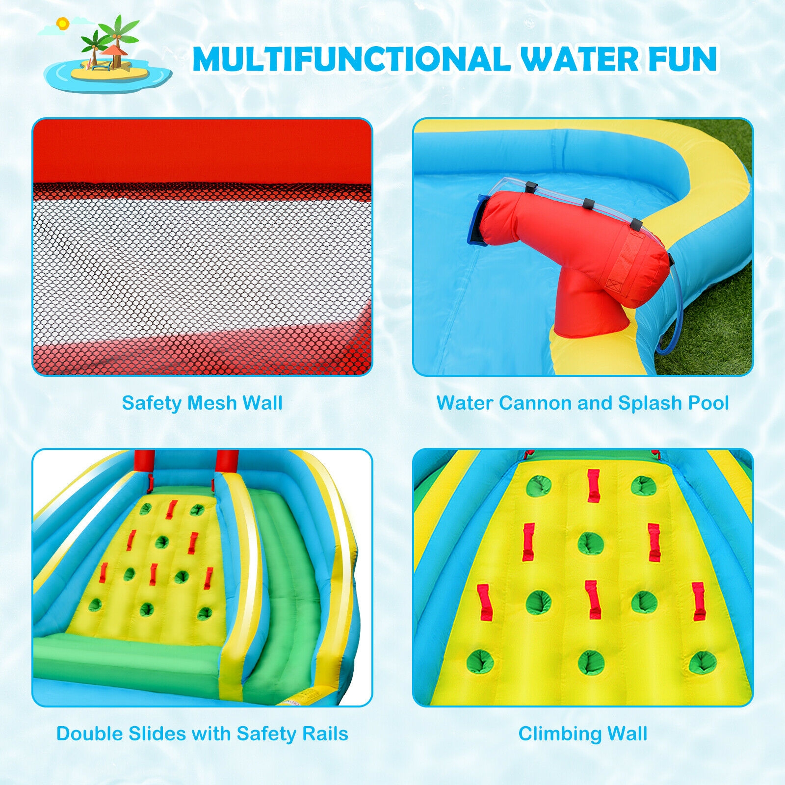 Brincolín acuático inflable de doble tobogán con muro de escalada para exterior -Costway - Imagen 3