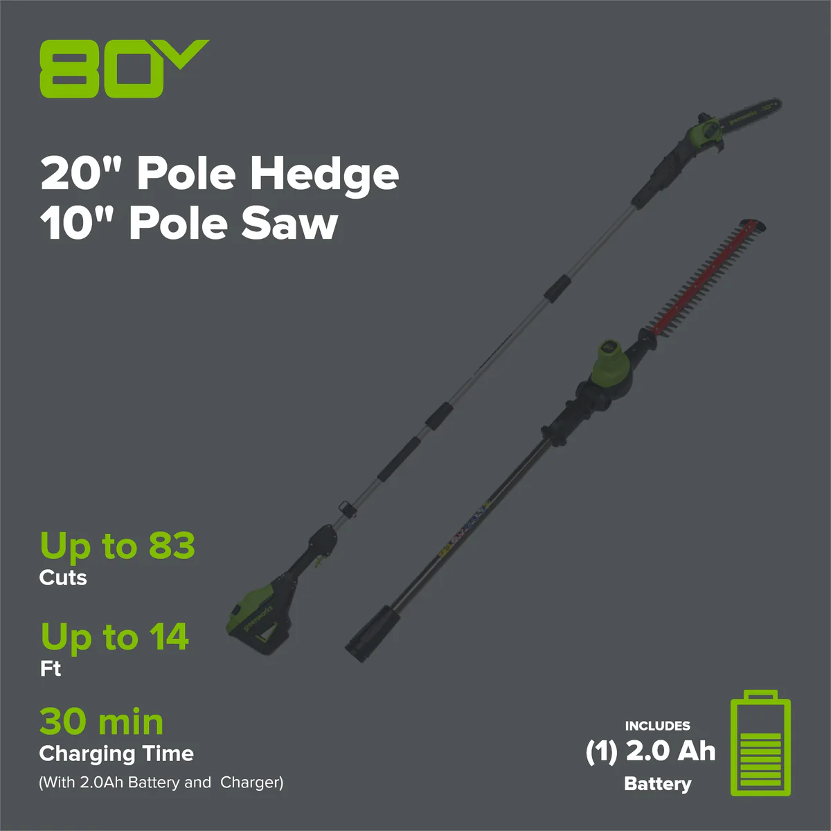 Kit de podadora inalámbrica de 80 V y 20" con pértiga y sierra de pértiga de 10" -Greenworks - Imagen 8