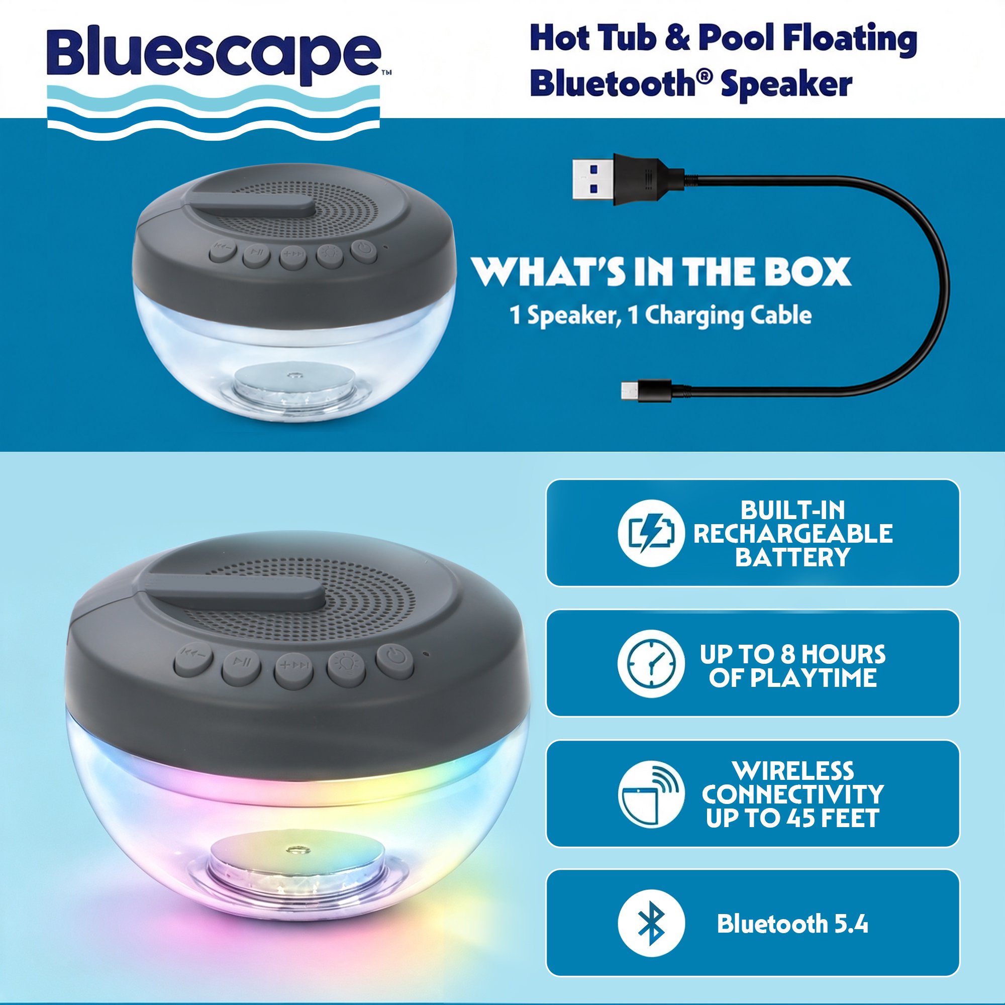 Altavoz bluetooth flotante para alberca con impermeabilidad IPX7 con luces LED -Bluescape - Imagen 4