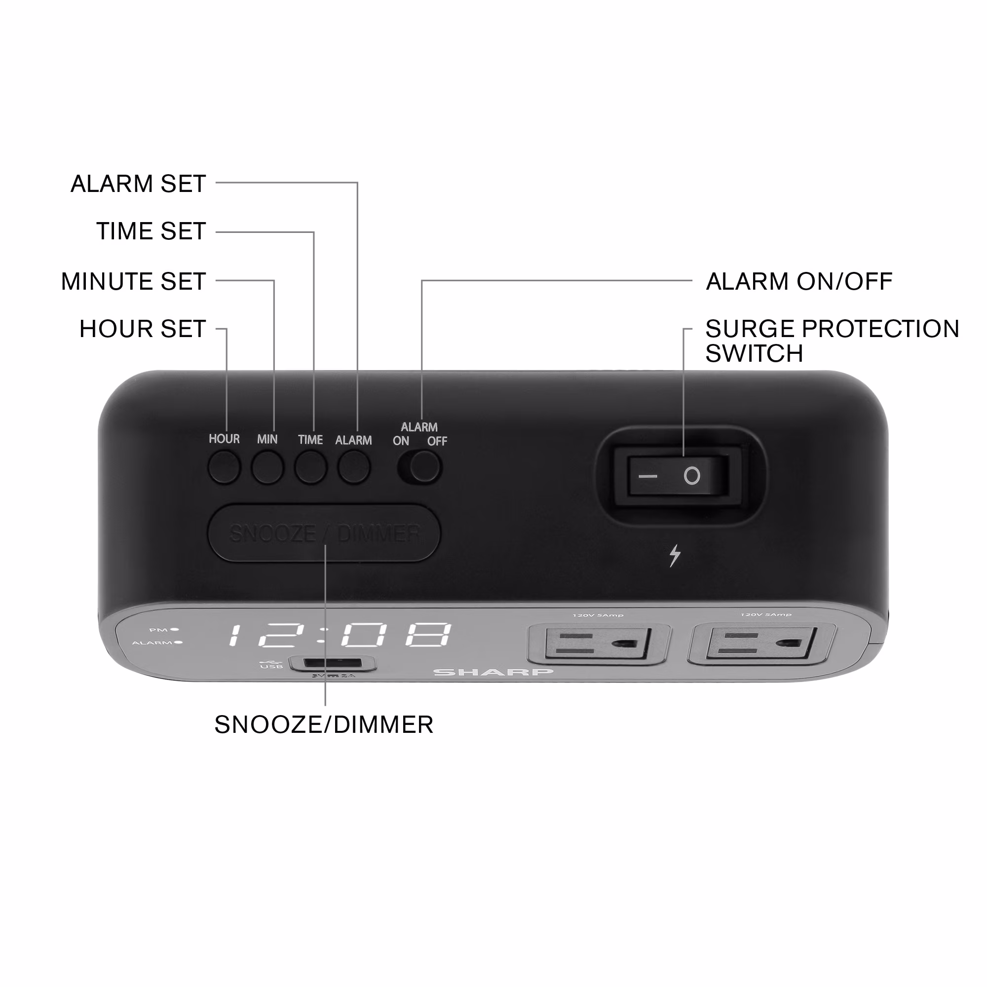 Reloj despertador digital con pantalla LED, puerto USB de 2 Amp y 2 tomacorrientes AC -SHARP - Imagen 3