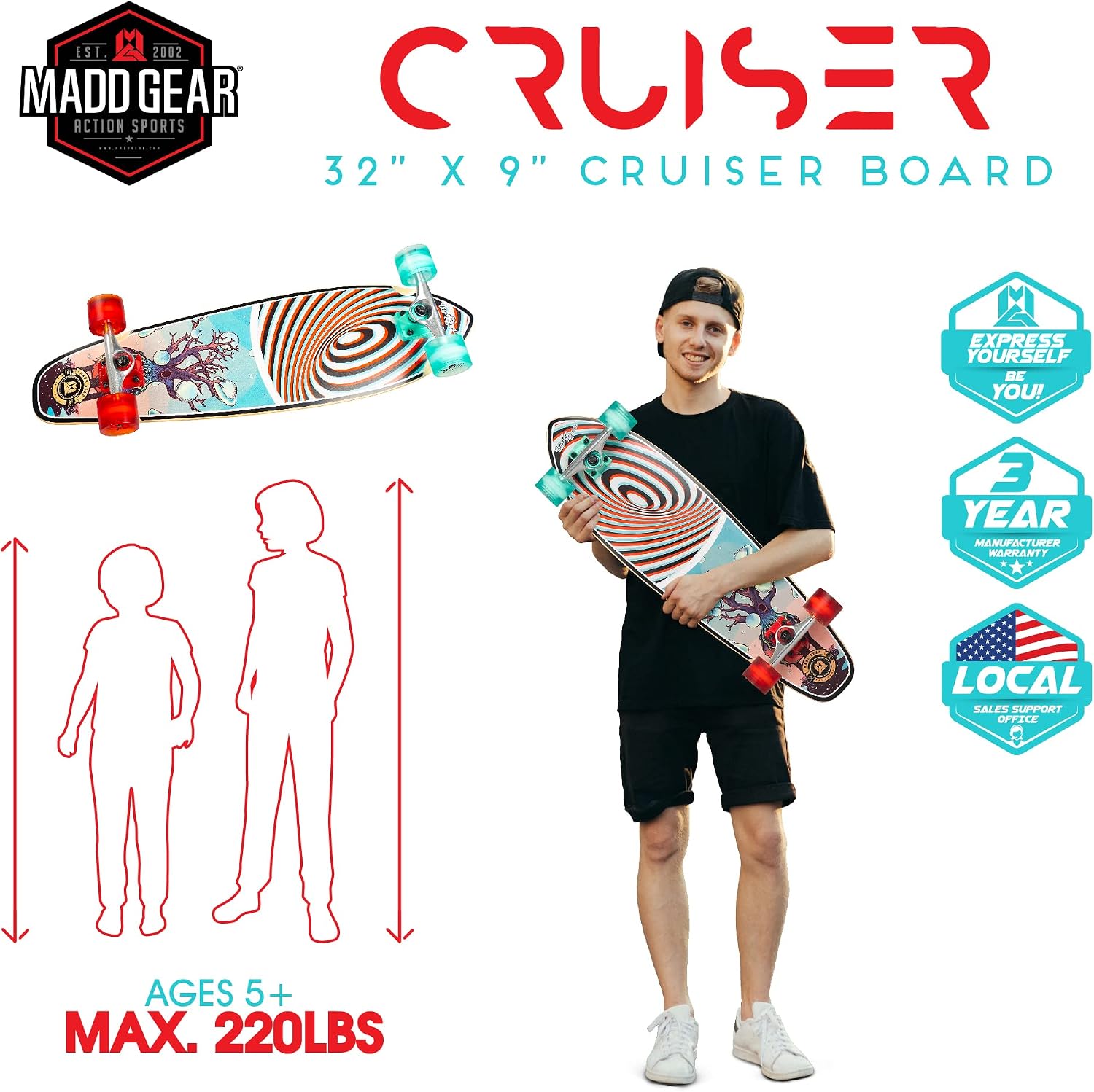 Patineta de madera de arce y ruedas de 62 mm, 32" x 9" -Madd Gear - Imagen 7